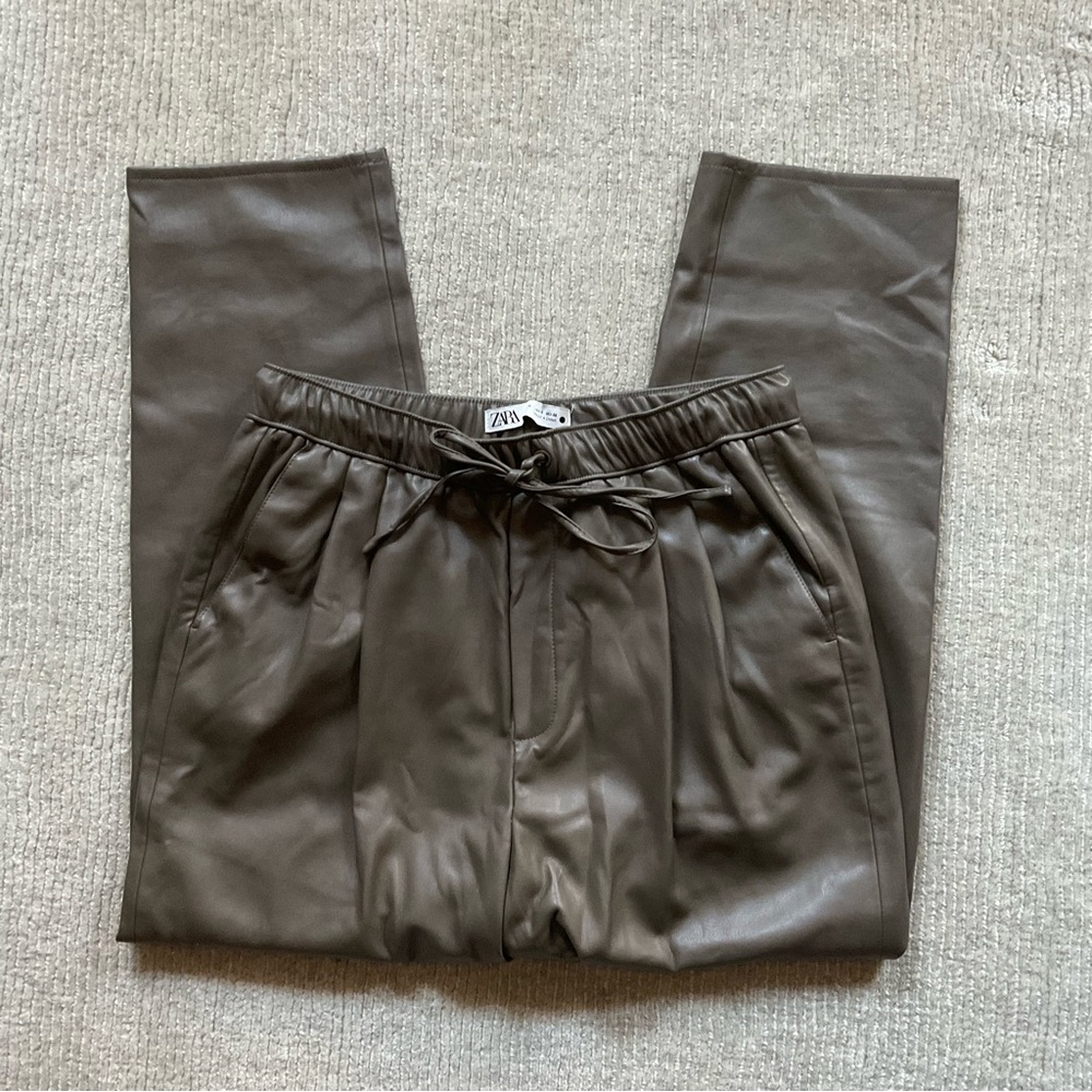 ZARA Olive Green Faux Leather Pants Fleece Lined Drawstring Classy Khaki S Small